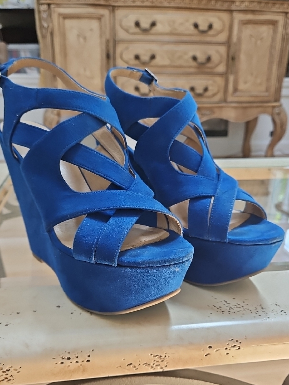 Kelsi Dagger Royal Blue Suede Platform Wedge Sandals